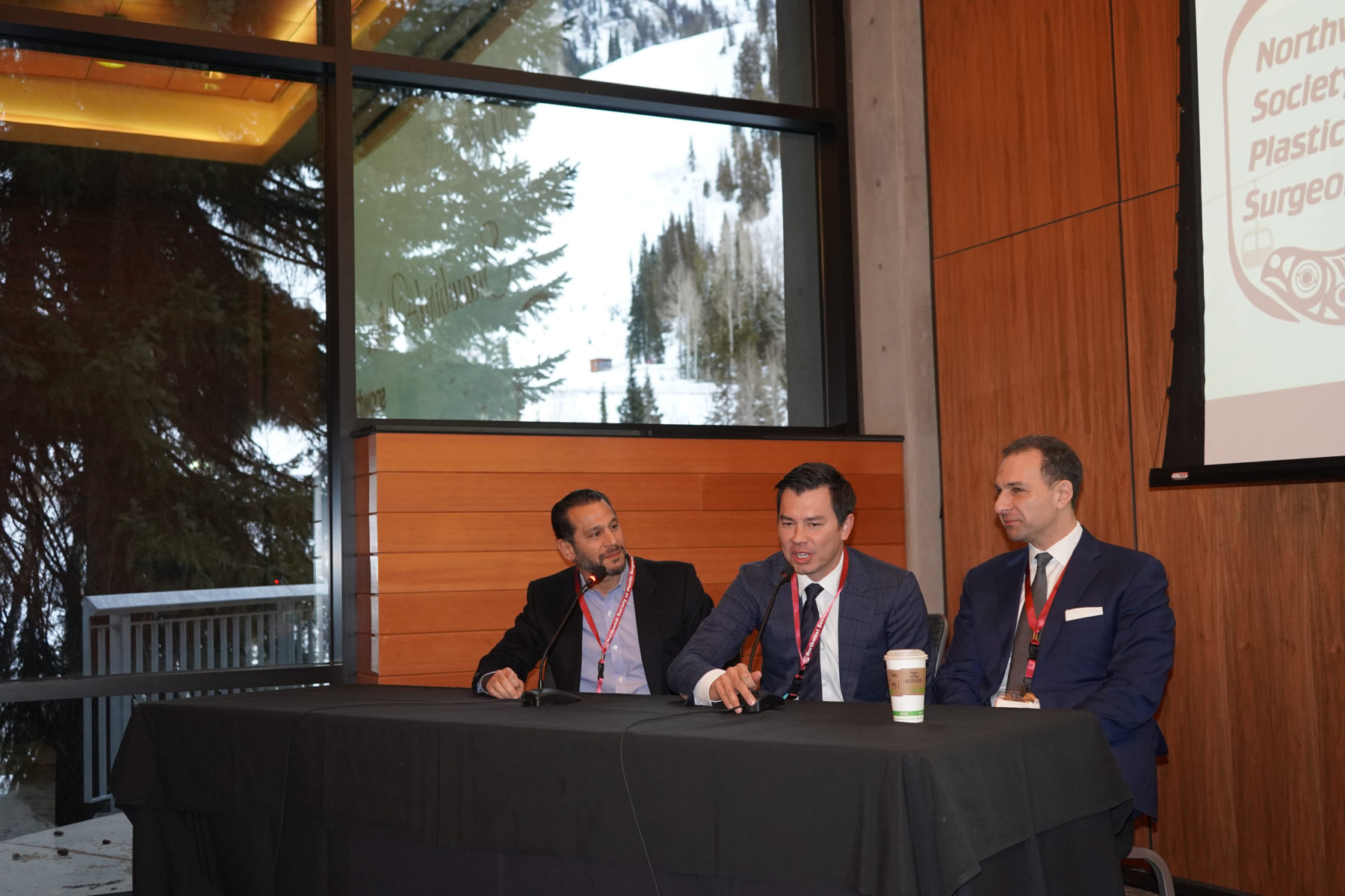 A panel of plastic surgeons speaking at the 2026 NWSPS Annual Meeting at Snowbird, snow-covered pines outside the window