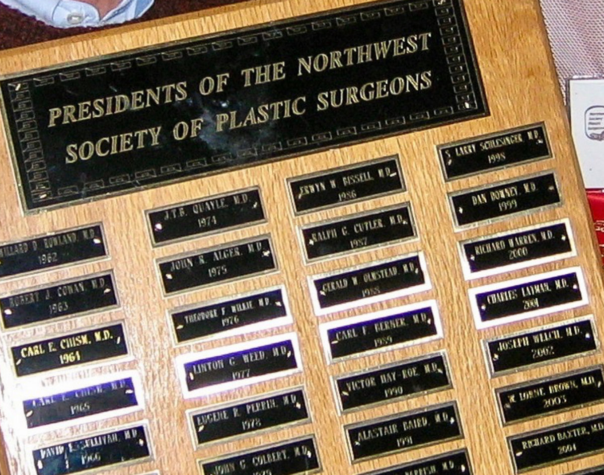 Plaque listing the presidents of the Northwest Society of Plastic Surgeons since 1962